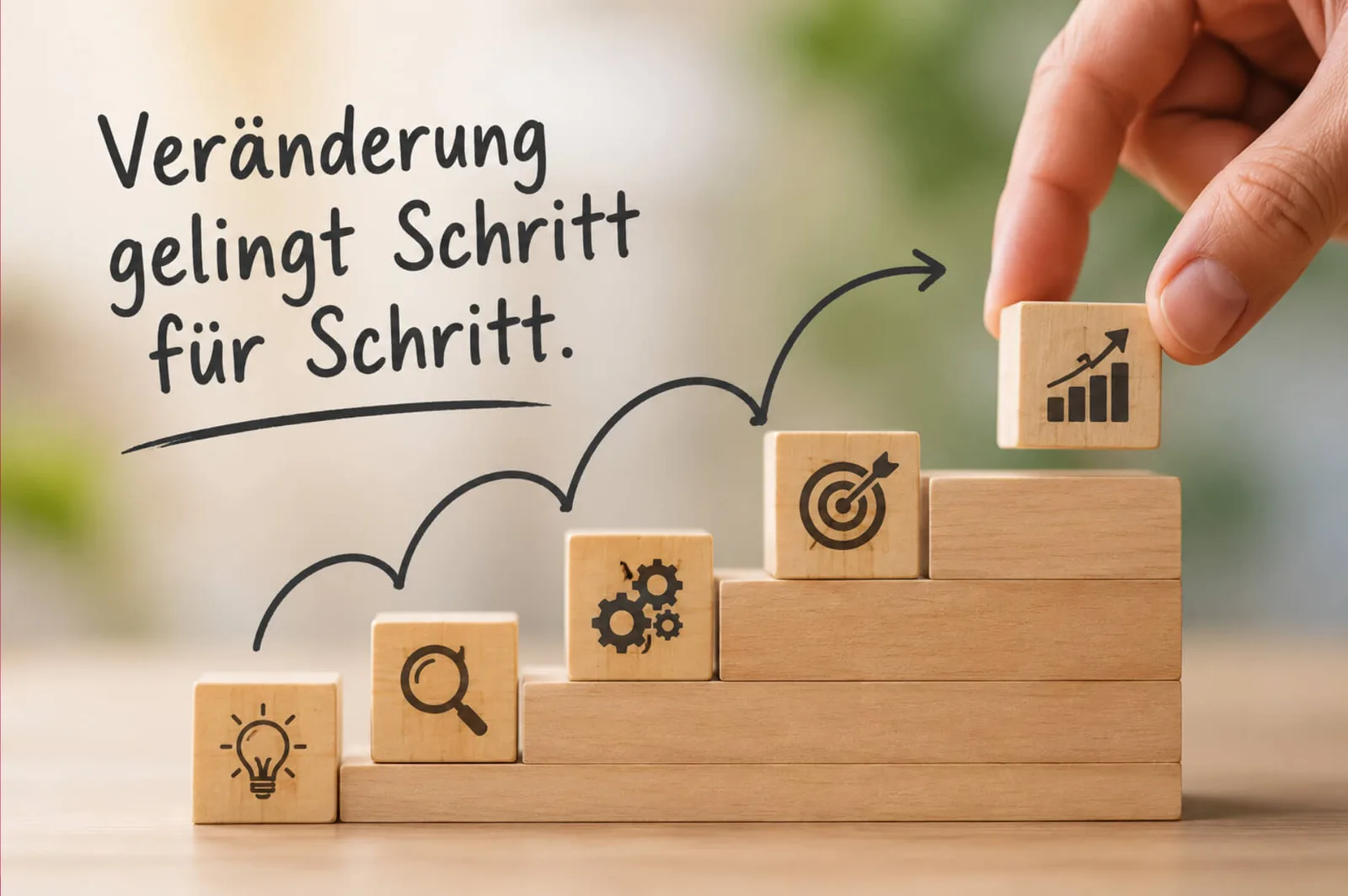 Bildmotiv mit dem Text „Veränderung gelingt Schritt für Schritt": Holzklötze mit Symbolen für Idee, Analyse, Umsetzung und Ziel bilden eine Treppe, eine Hand setzt den obersten Klotz mit Erfolgs-Symbol.